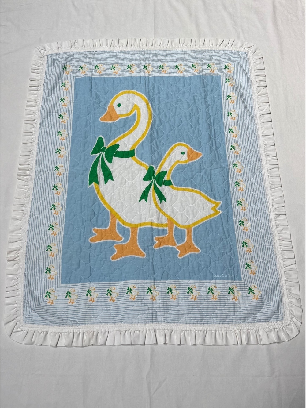 That’s Our Baby Goose Baby Quilt Blue Stripe Ruffle